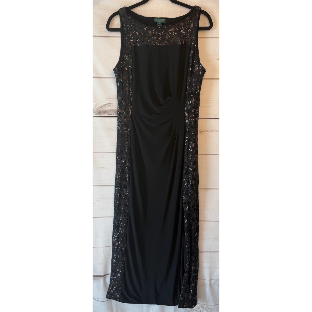 Lauren Ralph Lauren Evening Black Sequin Lace Sleeveless Gown Dress 16